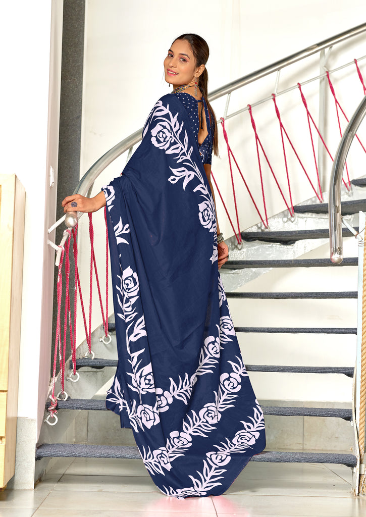 KALA PURE MULMUL COTTON HAND BLOCK FLORAL PRINTD BLUE SAREE