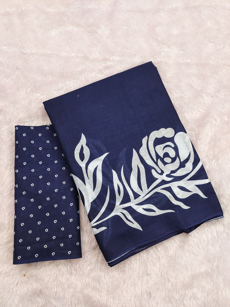 KALA PURE MULMUL COTTON HAND BLOCK FLORAL PRINTD BLUE SAREE