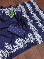 KALA PURE MULMUL COTTON HAND BLOCK FLORAL PRINTD BLUE SAREE