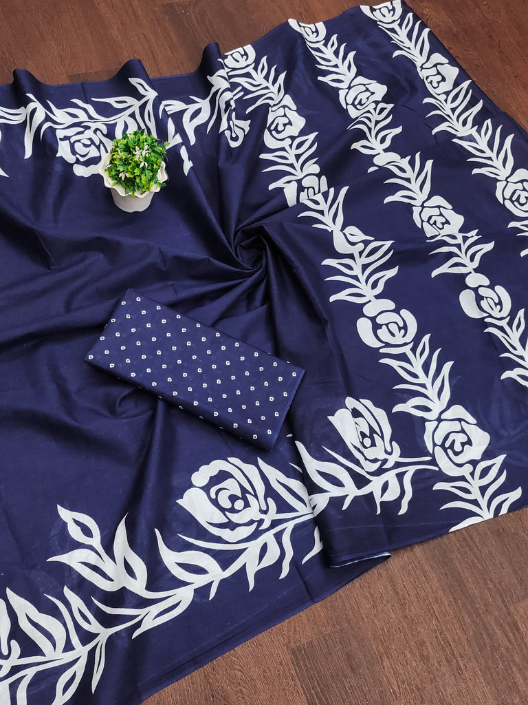 KALA PURE MULMUL COTTON HAND BLOCK FLORAL PRINTD BLUE SAREE