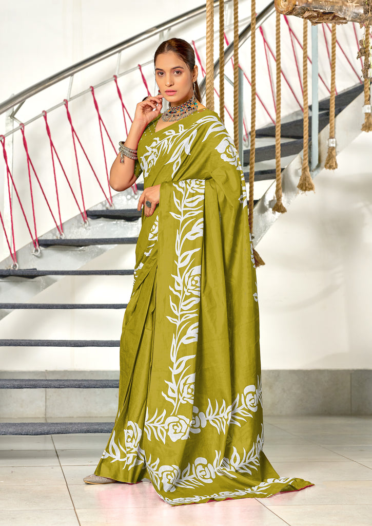 KALA PURE MULMUL COTTON HAND BLOCK FLORAL PRINTD GREEN SAREE