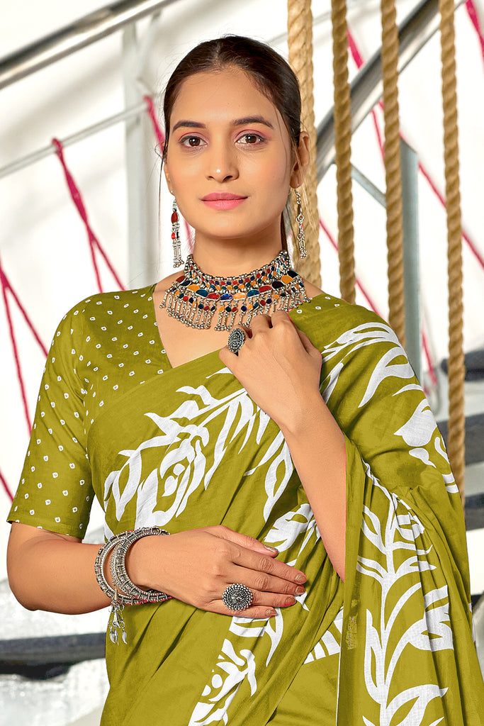KALA PURE MULMUL COTTON HAND BLOCK FLORAL PRINTD GREEN SAREE