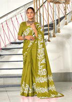 KALA PURE MULMUL COTTON HAND BLOCK FLORAL PRINTD GREEN SAREE