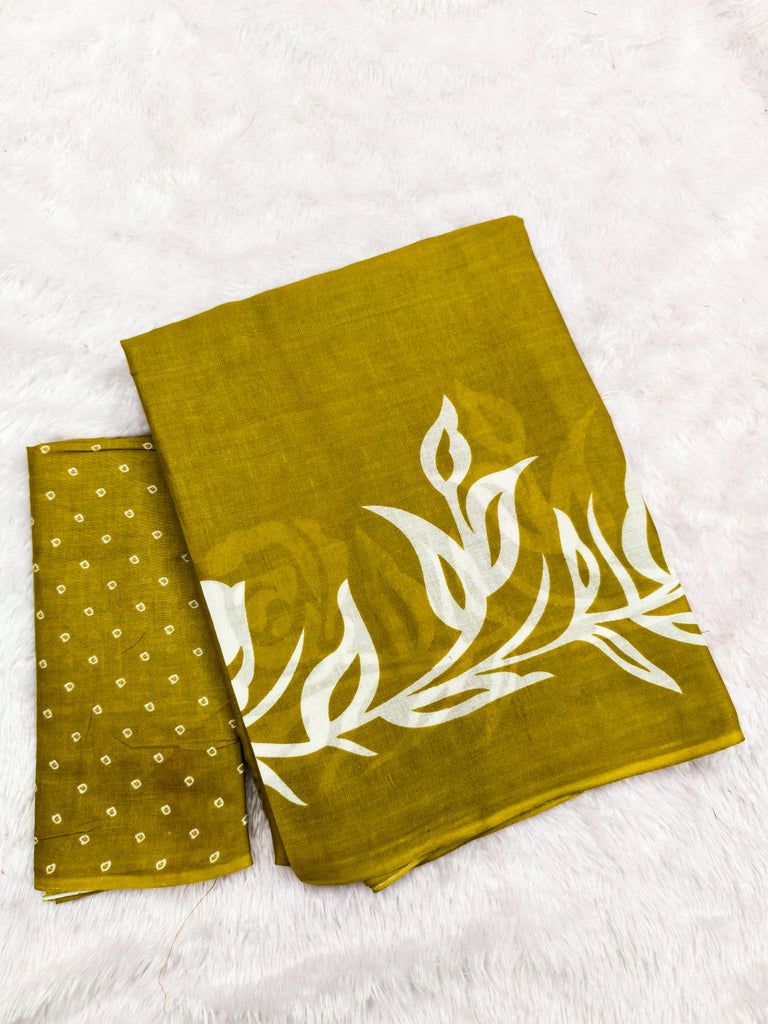 KALA PURE MULMUL COTTON HAND BLOCK FLORAL PRINTD GREEN SAREE