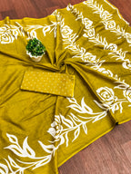 KALA PURE MULMUL COTTON HAND BLOCK FLORAL PRINTD GREEN SAREE
