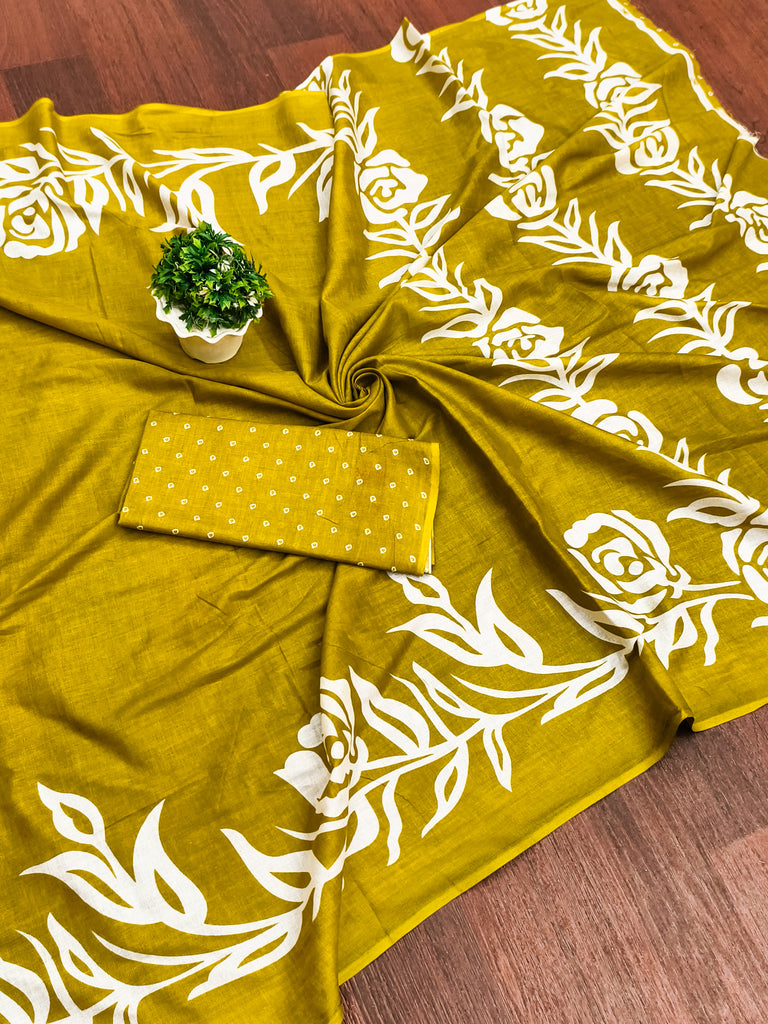 KALA PURE MULMUL COTTON HAND BLOCK FLORAL PRINTD GREEN SAREE