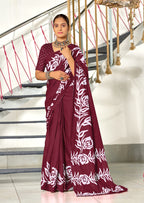 KALA PURE MULMUL COTTON HAND BLOCK FLORAL PRINTD MAROON SAREE