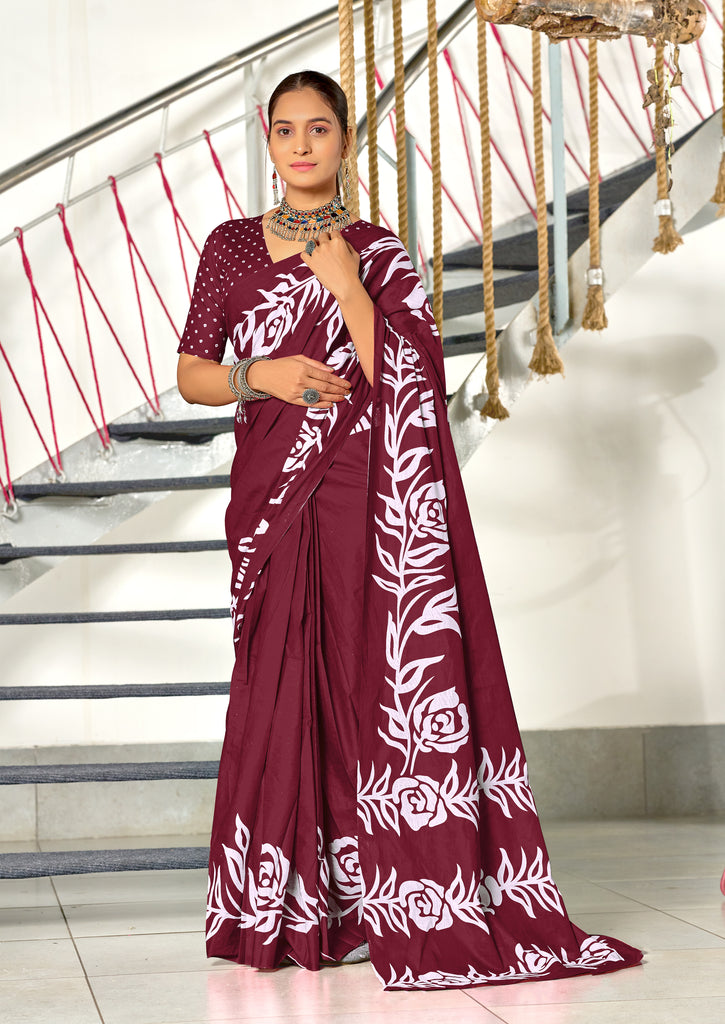 KALA PURE MULMUL COTTON HAND BLOCK FLORAL PRINTD MAROON SAREE