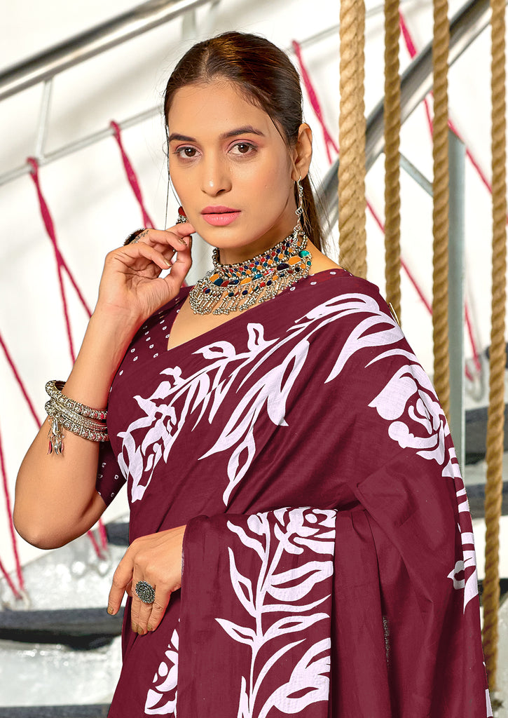 KALA PURE MULMUL COTTON HAND BLOCK FLORAL PRINTD MAROON SAREE
