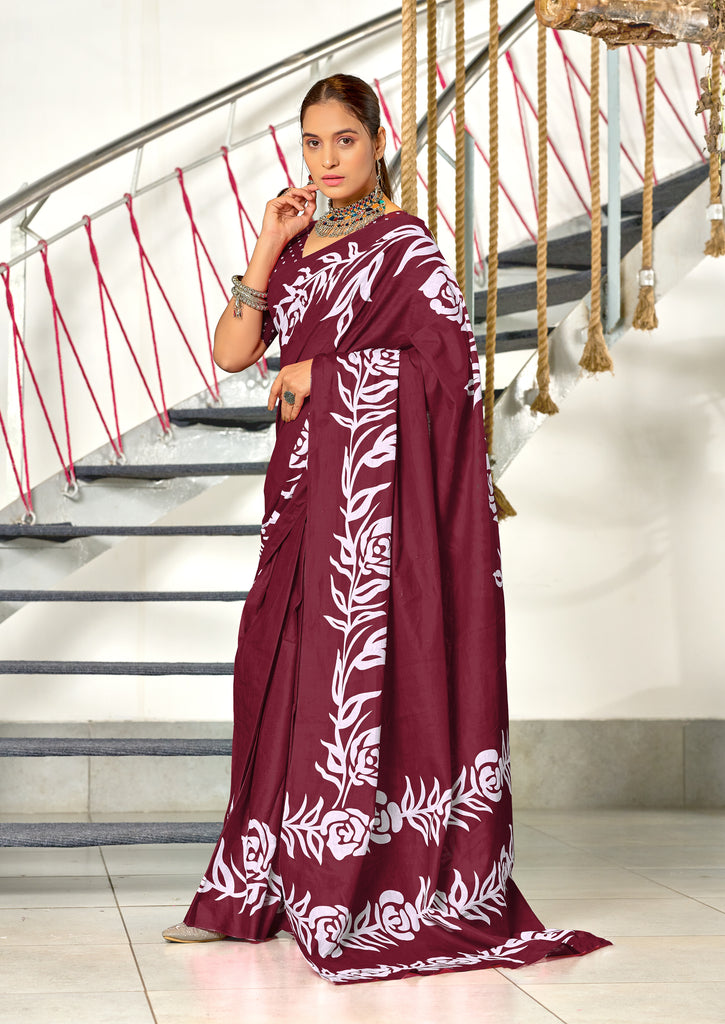 KALA PURE MULMUL COTTON HAND BLOCK FLORAL PRINTD MAROON SAREE