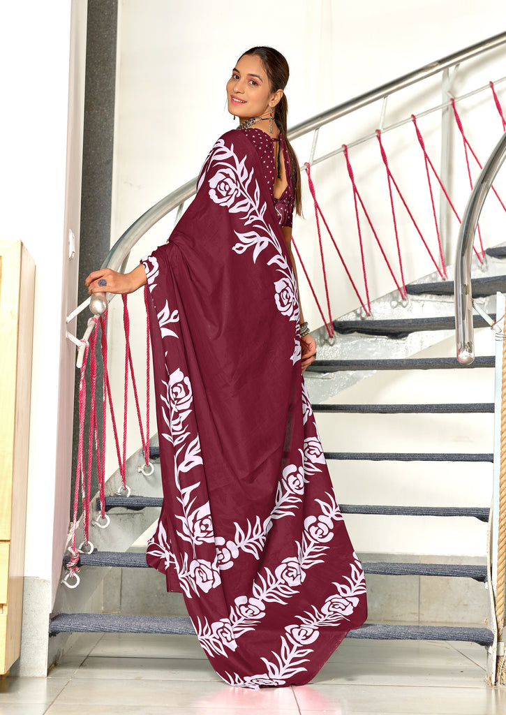 KALA PURE MULMUL COTTON HAND BLOCK FLORAL PRINTD MAROON SAREE