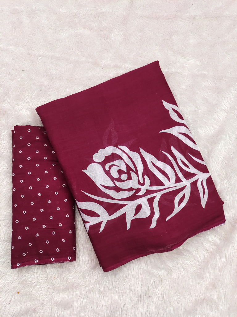 KALA PURE MULMUL COTTON HAND BLOCK FLORAL PRINTD MAROON SAREE