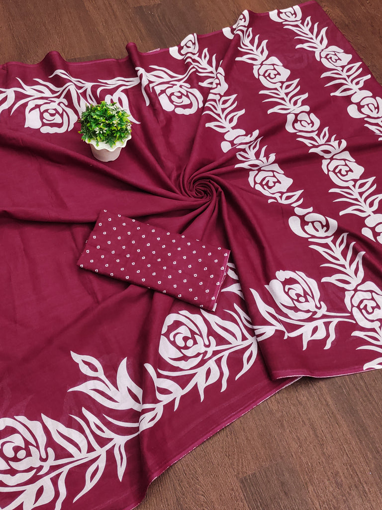 KALA PURE MULMUL COTTON HAND BLOCK FLORAL PRINTD MAROON SAREE