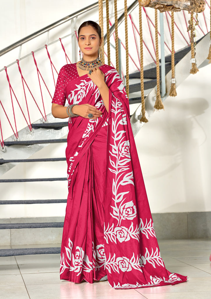 KALA PURE MULMUL COTTON HAND BLOCK FLORAL PRINTD PINK SAREE