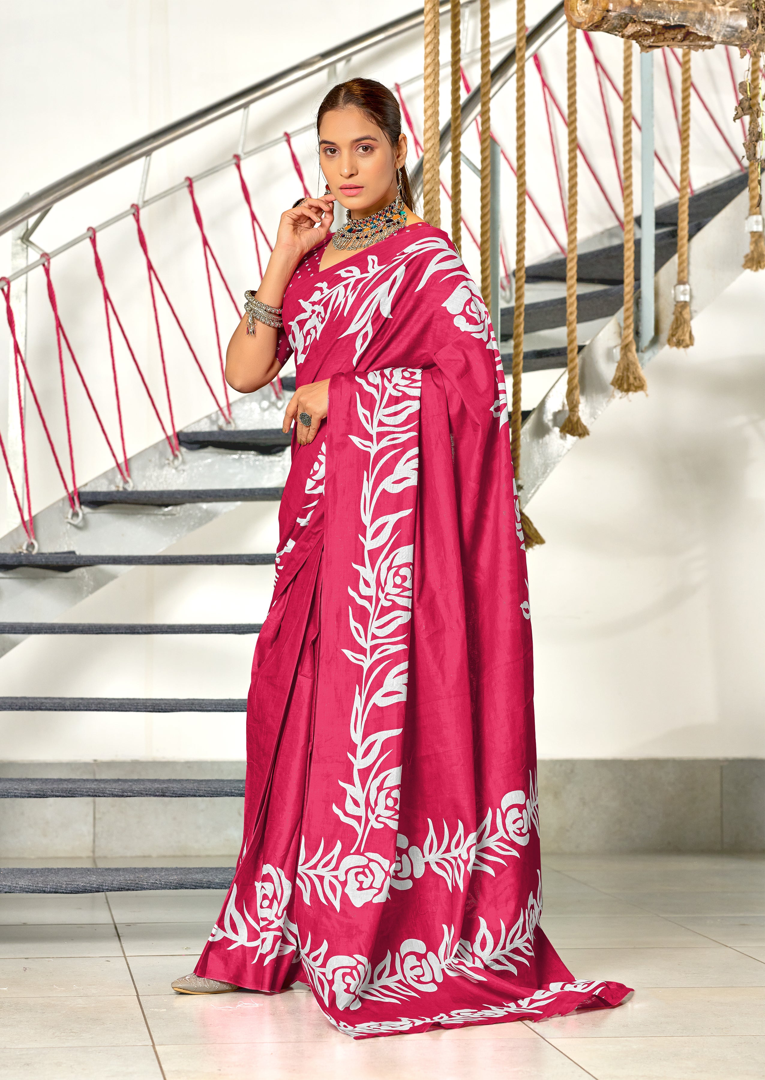 KALA PURE MULMUL COTTON HAND BLOCK FLORAL PRINTD PINK SAREE