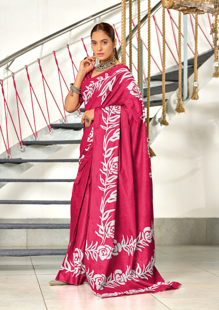 KALA PURE MULMUL COTTON HAND BLOCK FLORAL PRINTD PINK SAREE