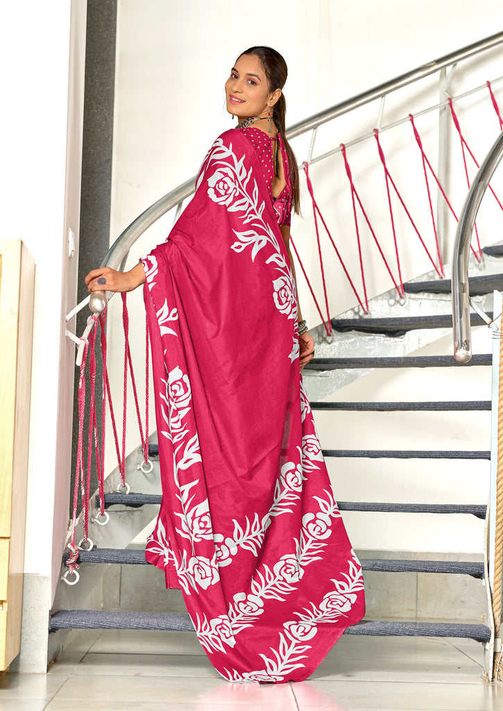KALA PURE MULMUL COTTON HAND BLOCK FLORAL PRINTD PINK SAREE