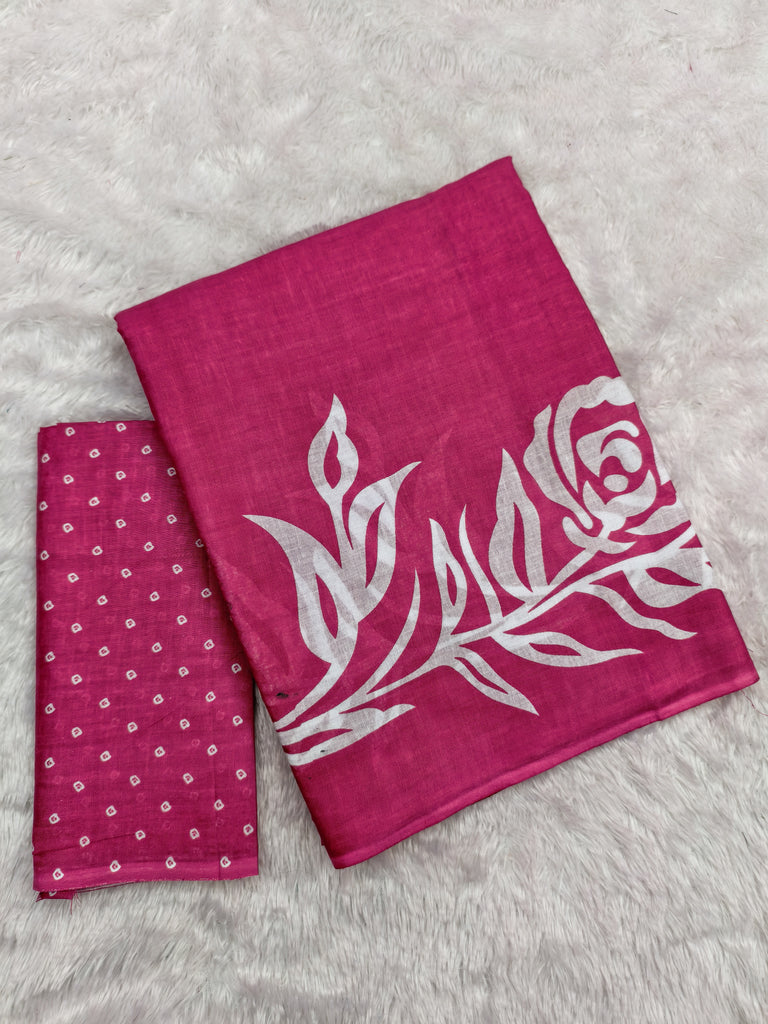 KALA PURE MULMUL COTTON HAND BLOCK FLORAL PRINTD PINK SAREE