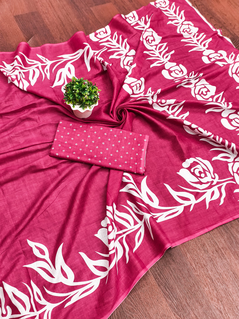 KALA PURE MULMUL COTTON HAND BLOCK FLORAL PRINTD PINK SAREE