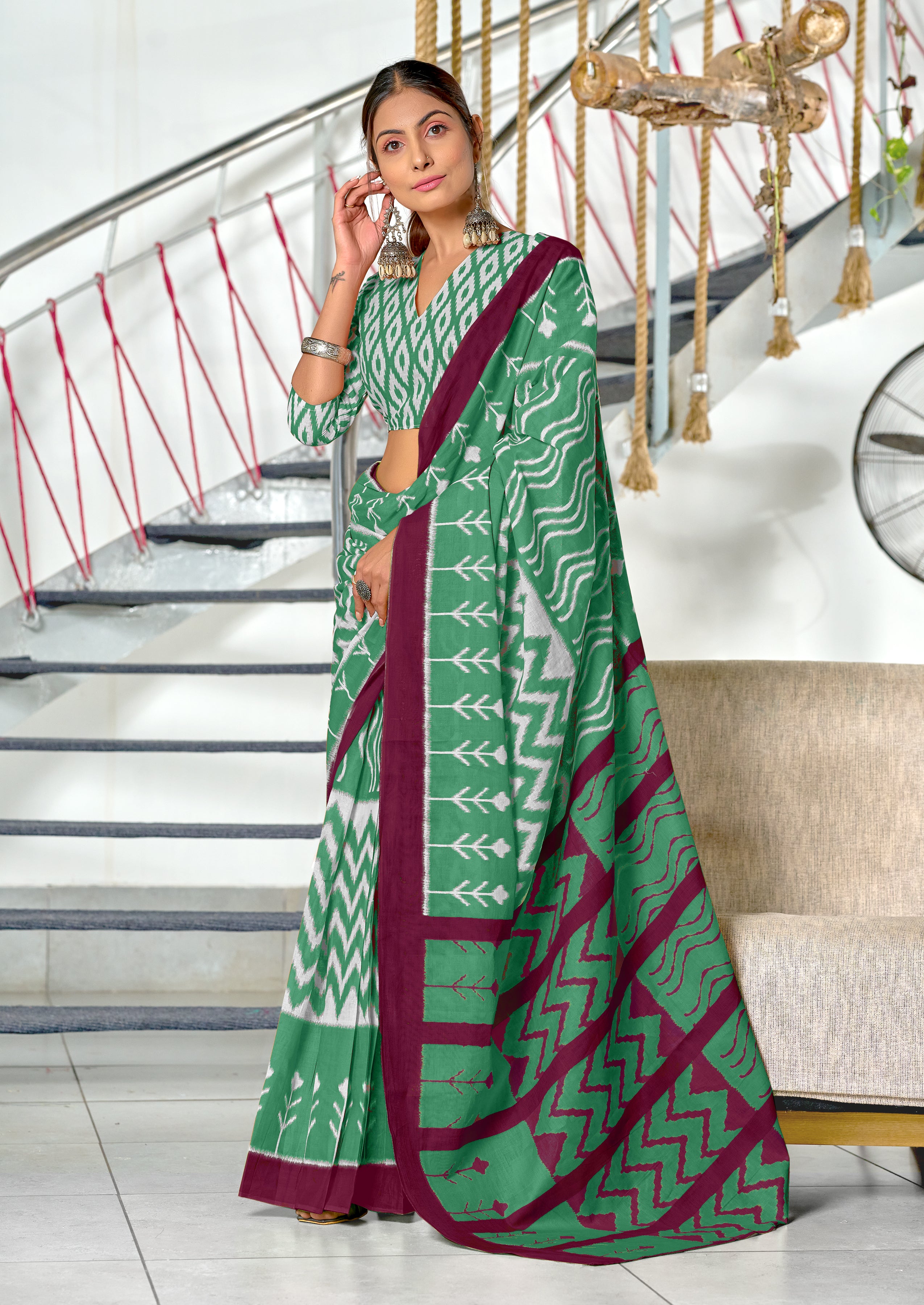 KALINI PURE MULMUL COTTON IKKAT  PRINTD BOTTLE GREEN SAREE