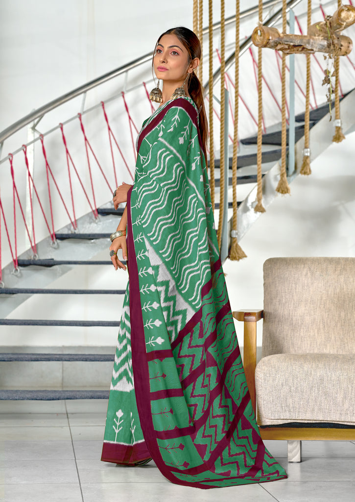 KALINI PURE MULMUL COTTON IKKAT  PRINTD BOTTLE GREEN SAREE