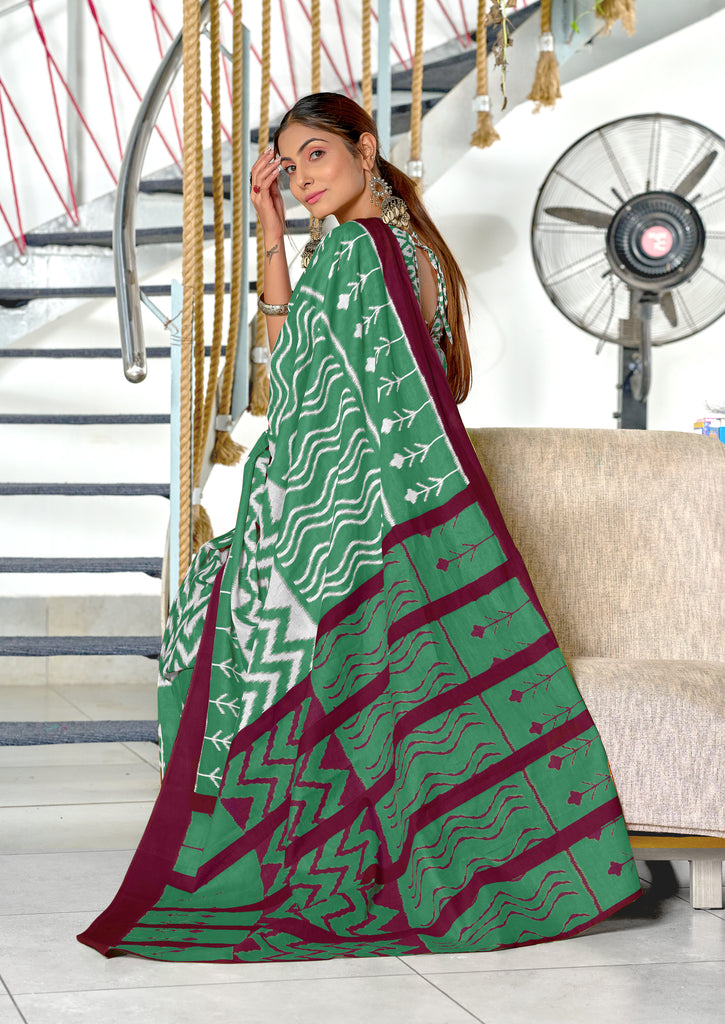 KALINI PURE MULMUL COTTON IKKAT  PRINTD BOTTLE GREEN SAREE