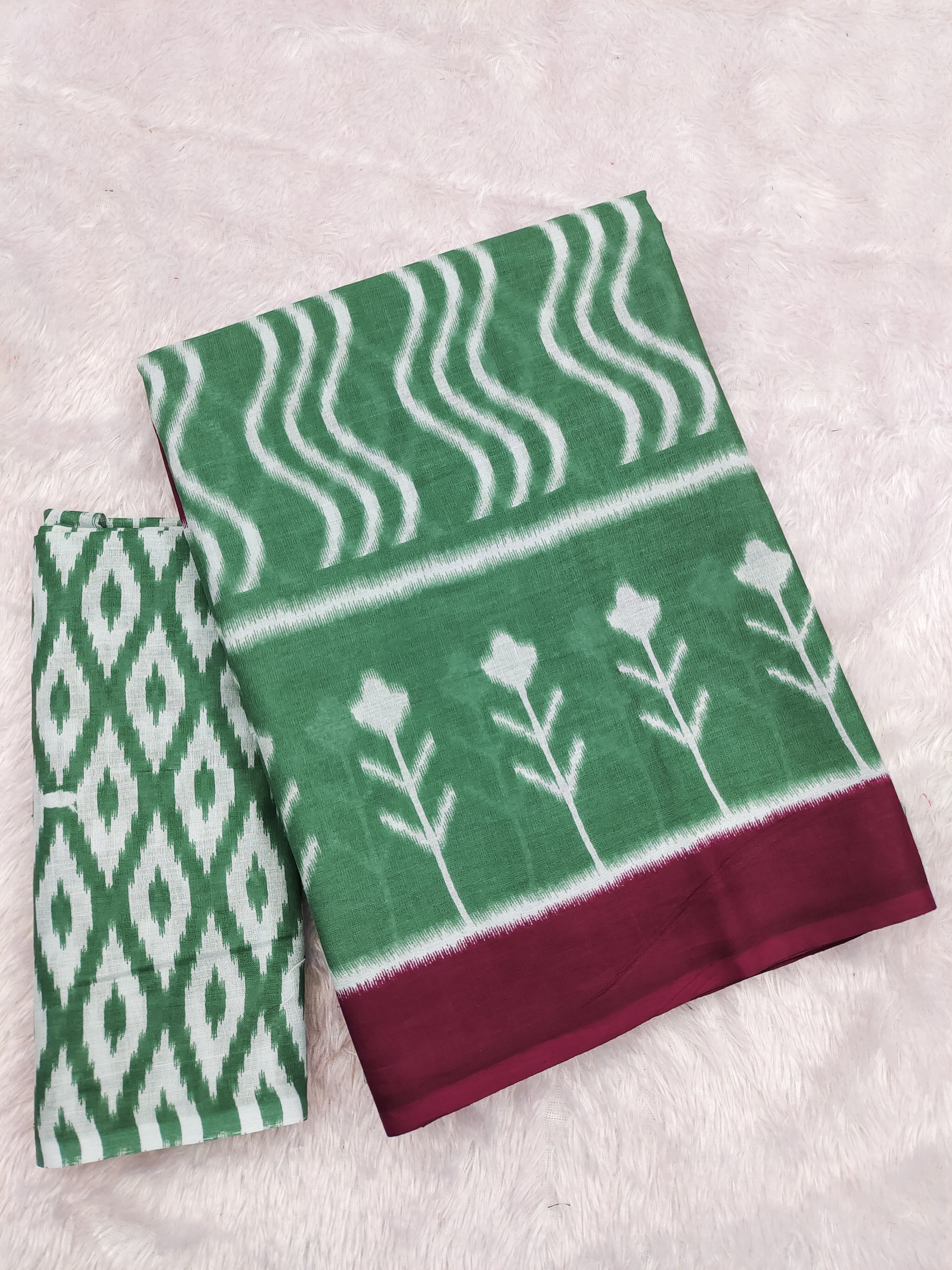 KALINI PURE MULMUL COTTON IKKAT  PRINTD BOTTLE GREEN SAREE