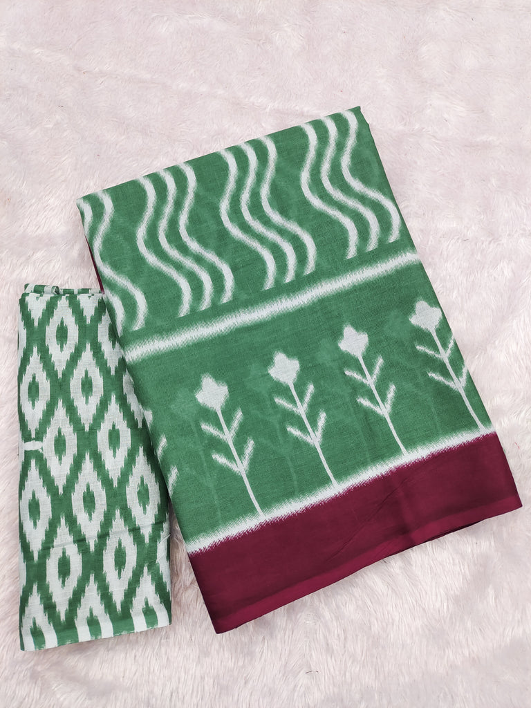 KALINI PURE MULMUL COTTON IKKAT  PRINTD BOTTLE GREEN SAREE