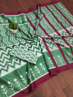 KALINI PURE MULMUL COTTON IKKAT  PRINTD BOTTLE GREEN SAREE