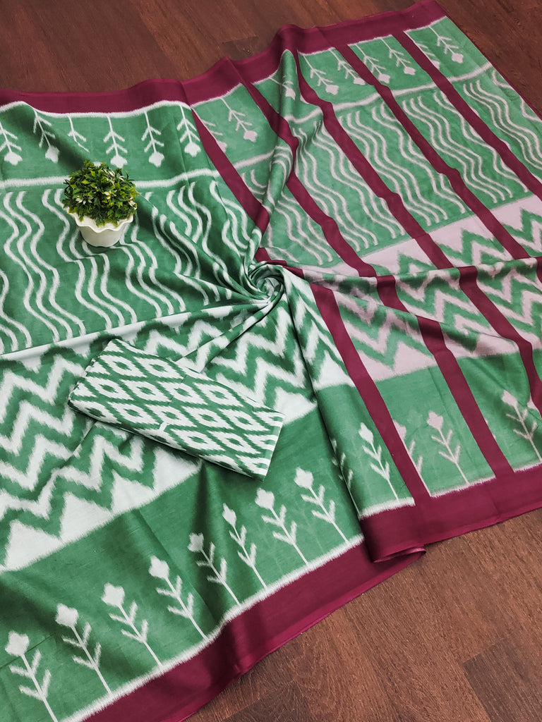 KALINI PURE MULMUL COTTON IKKAT  PRINTD BOTTLE GREEN SAREE