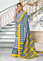 KALINI PURE MULMUL COTTON IKKAT  PRINTD GREY SAREE