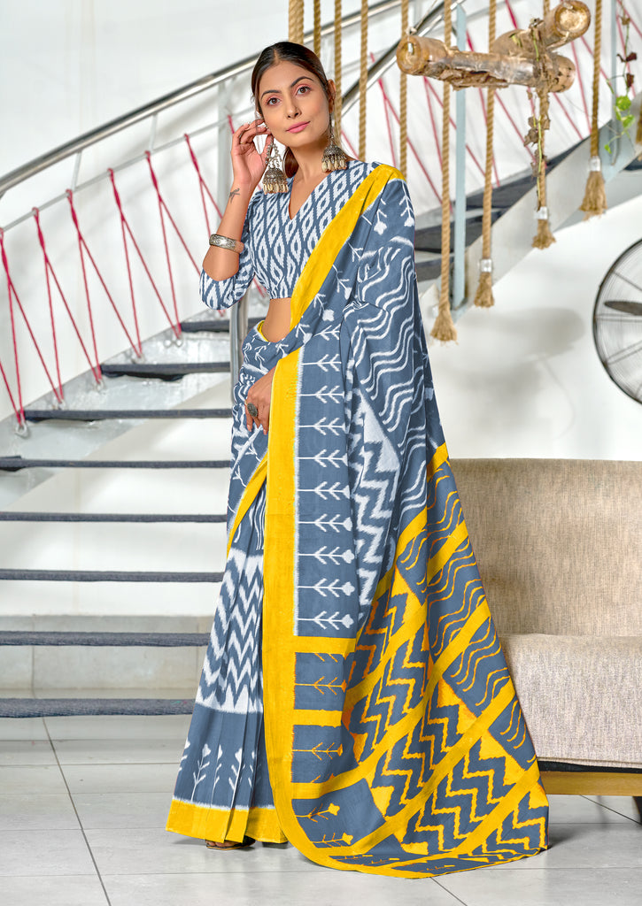 KALINI PURE MULMUL COTTON IKKAT  PRINTD GREY SAREE