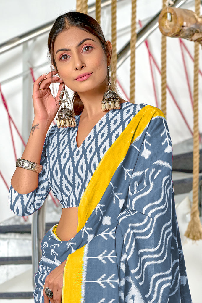 KALINI PURE MULMUL COTTON IKKAT  PRINTD GREY SAREE