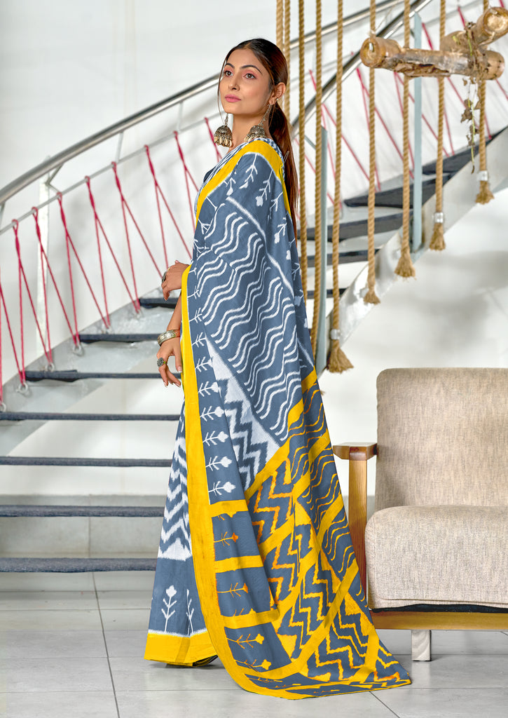 KALINI PURE MULMUL COTTON IKKAT  PRINTD GREY SAREE
