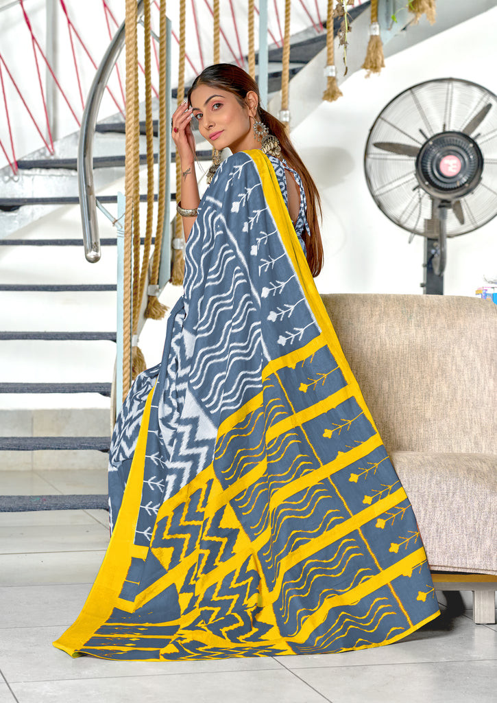 KALINI PURE MULMUL COTTON IKKAT  PRINTD GREY SAREE