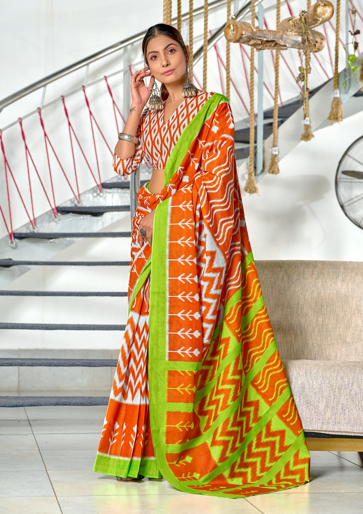KALINI PURE MULMUL COTTON IKKAT  PRINTD ORANGE SAREE