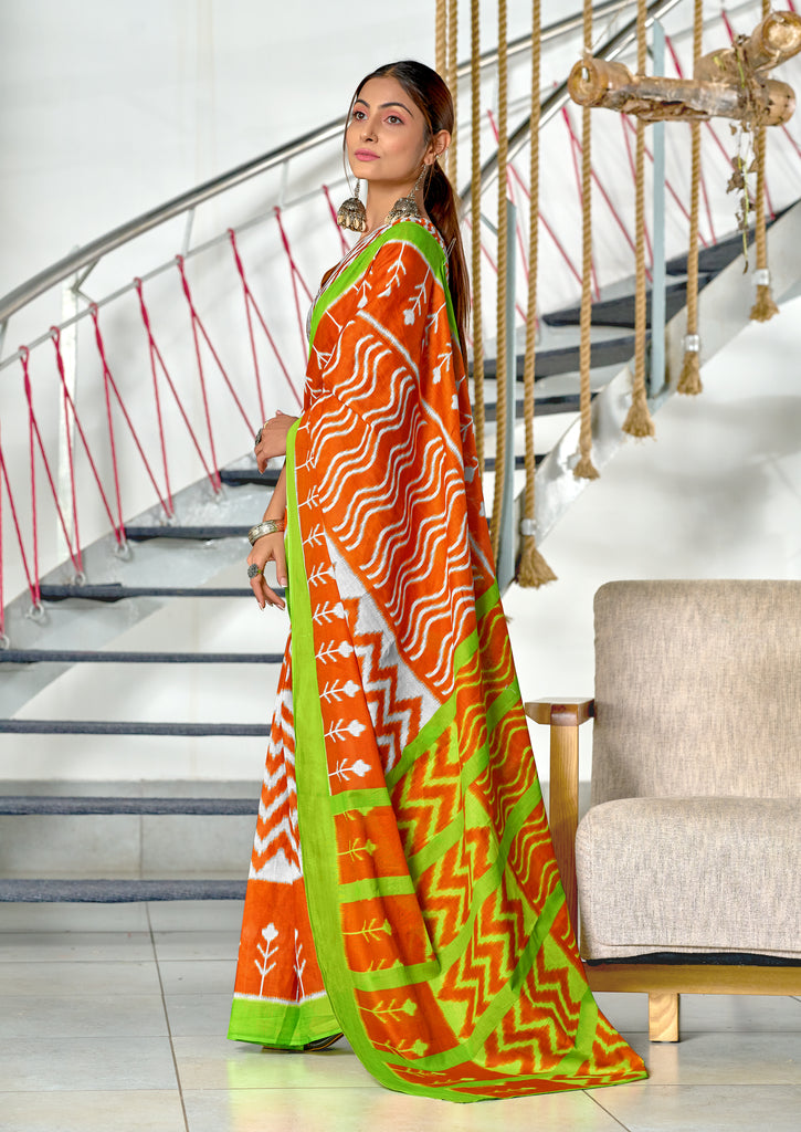 KALINI PURE MULMUL COTTON IKKAT  PRINTD ORANGE SAREE