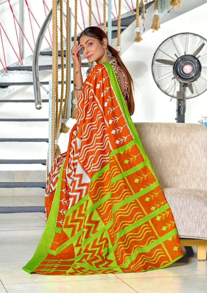 KALINI PURE MULMUL COTTON IKKAT  PRINTD ORANGE SAREE