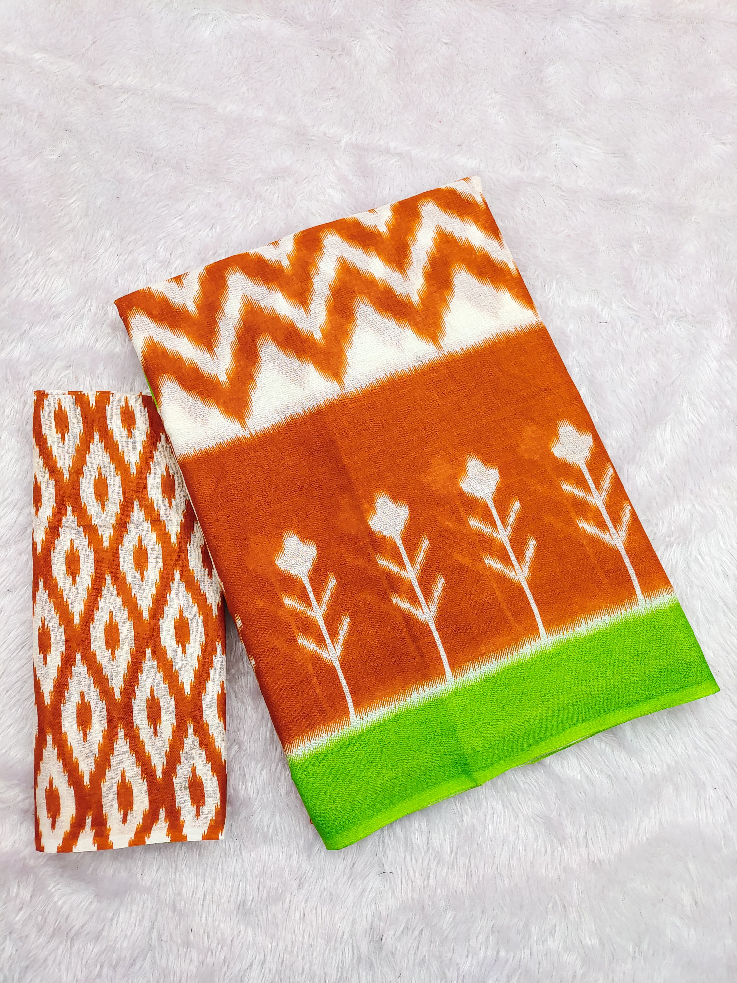 KALINI PURE MULMUL COTTON IKKAT  PRINTD ORANGE SAREE