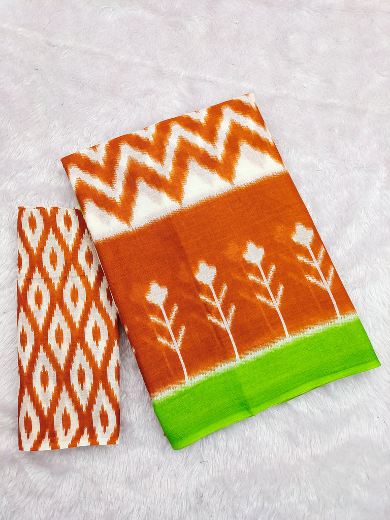 KALINI PURE MULMUL COTTON IKKAT  PRINTD ORANGE SAREE