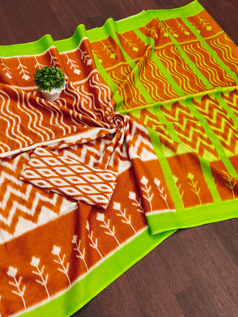 KALINI PURE MULMUL COTTON IKKAT  PRINTD ORANGE SAREE