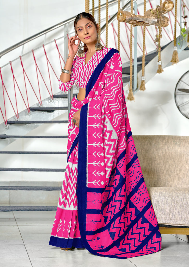 KALINI PURE MULMUL COTTON IKKAT  PRINTD PINK SAREE