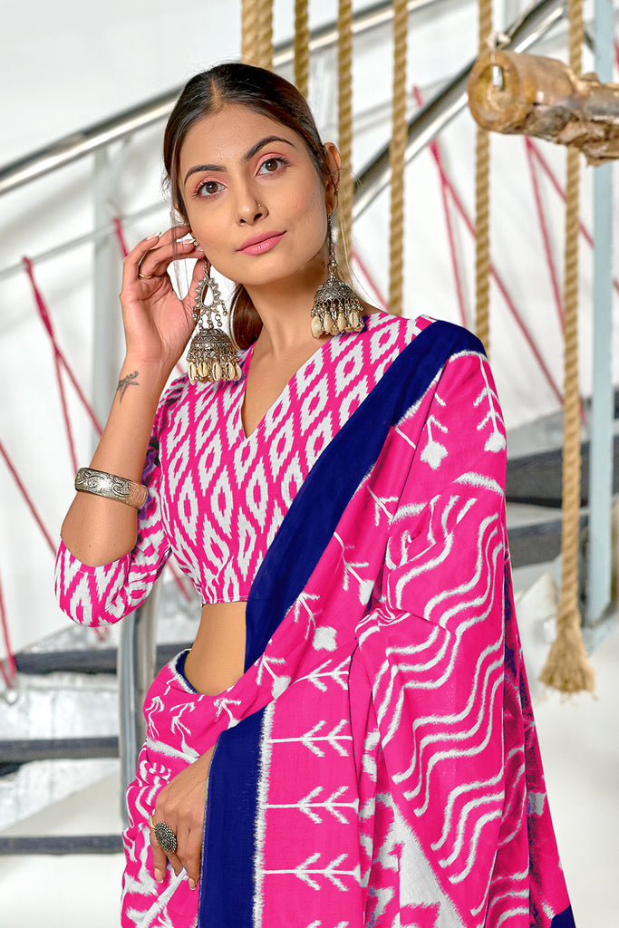 KALINI PURE MULMUL COTTON IKKAT  PRINTD PINK SAREE