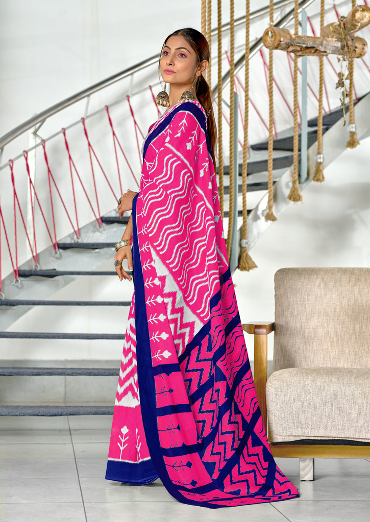 KALINI PURE MULMUL COTTON IKKAT  PRINTD PINK SAREE