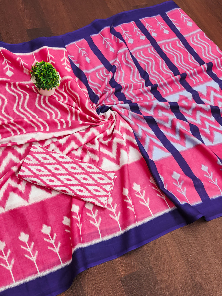 KALINI PURE MULMUL COTTON IKKAT  PRINTD PINK SAREE