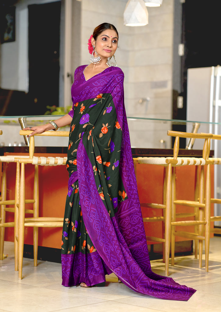 KALKI PURE MULMUL COTTON FLOWER WITH BANDHANI BLOCK PRINTD DARK GREEN SAREE