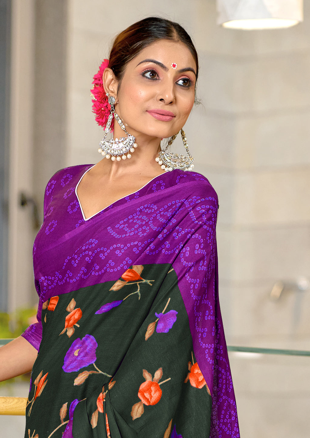 KALKI PURE MULMUL COTTON FLOWER WITH BANDHANI BLOCK PRINTD DARK GREEN SAREE