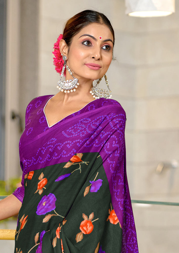 KALKI PURE MULMUL COTTON FLOWER WITH BANDHANI BLOCK PRINTD DARK GREEN SAREE