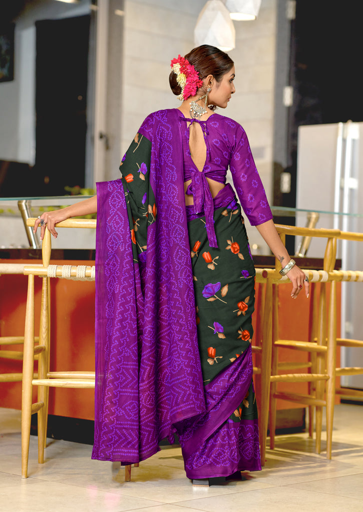 KALKI PURE MULMUL COTTON FLOWER WITH BANDHANI BLOCK PRINTD DARK GREEN SAREE