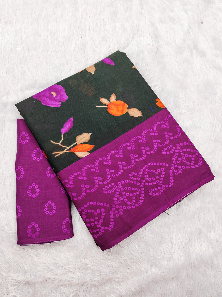 KALKI PURE MULMUL COTTON FLOWER WITH BANDHANI BLOCK PRINTD DARK GREEN SAREE